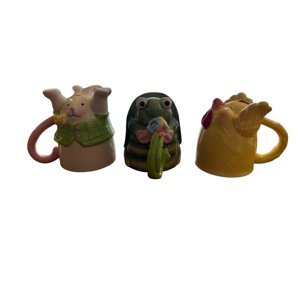 topsy turvy Ceramic Animal Mug Set Bunny Rabbit Chicken Turtle 3 Piece Set